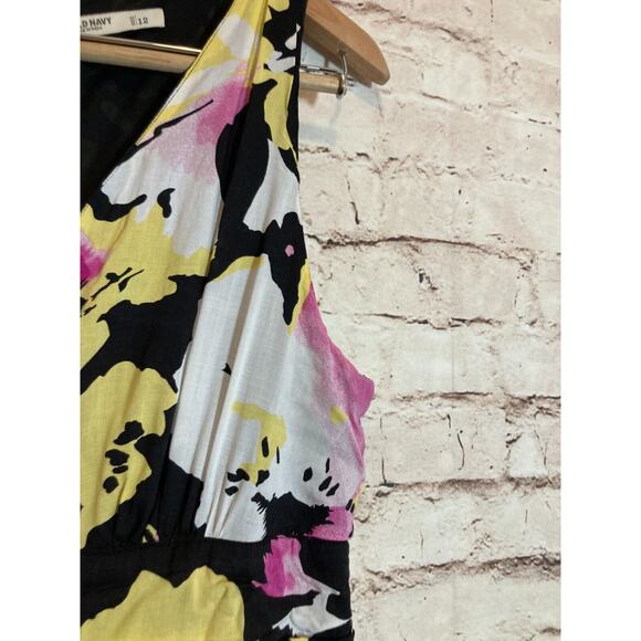 Old Navy Maxi Dress Womens 12 Black Pink Watercolor Floral Full Length Flowy Zip - Picture 6 of 16